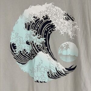 Men's Gray Blue Wave Graphic T-Shirt Size L Ocean Surf Beach Tee